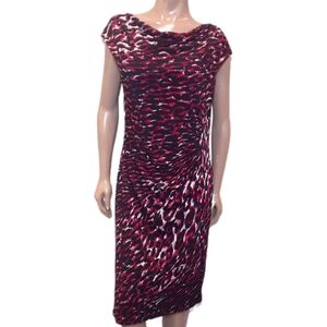Planet Leopard Print Midi Dress Cap Sleeve Cowl Boat Neck Gathered Stretchy